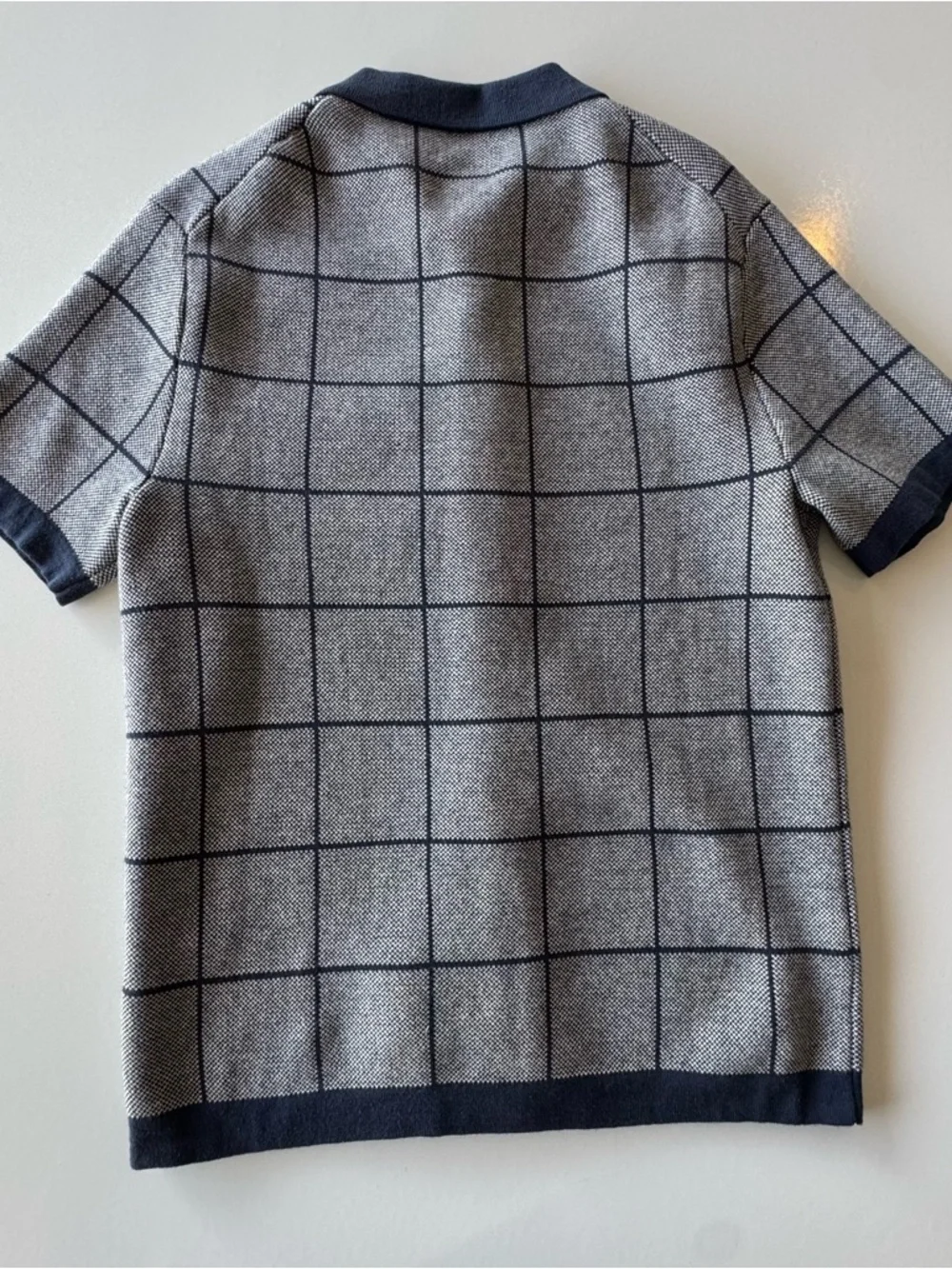 J. Crew Cotton Jacquard Navy Grid Short-Sleeve Button Retro Polo Cardigan SMALL