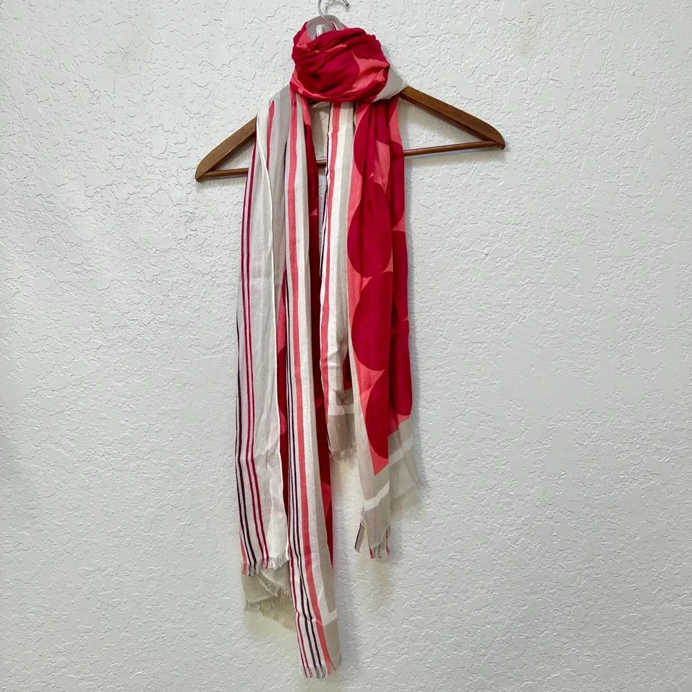 LOFT Women's Red Pink Tan Circles Stripes Lightweight Scarf Rayon‎ Not