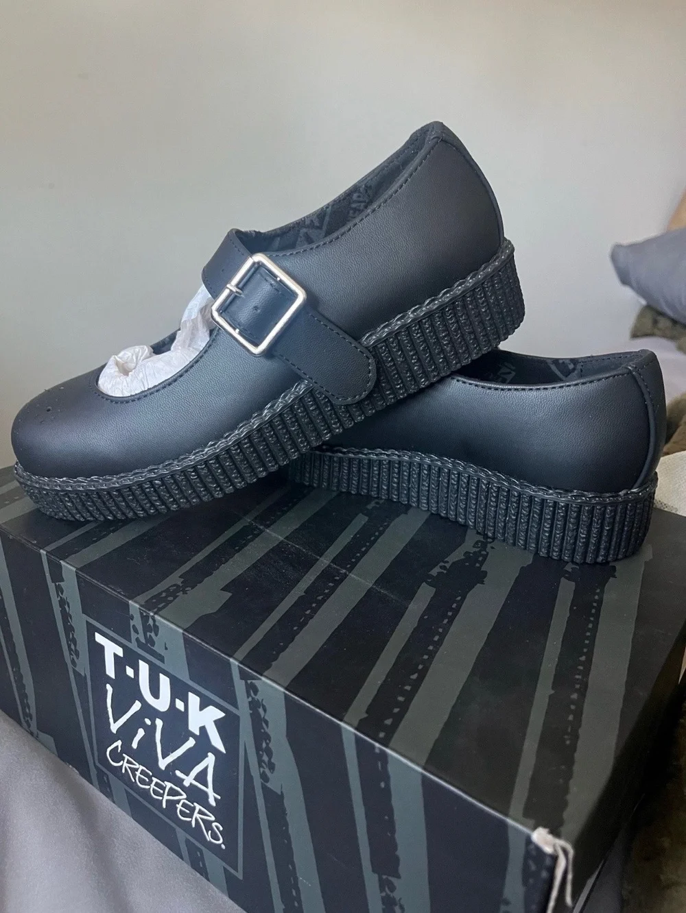 TUK Black Vegan Mary Jane Platform Shoes with Buckle