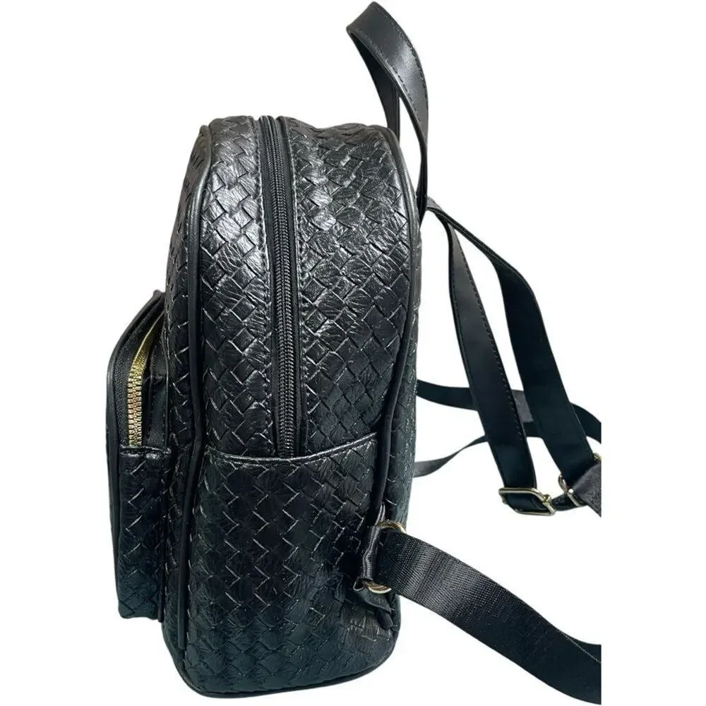 Black Woven Leather Quilted Mini Backpack