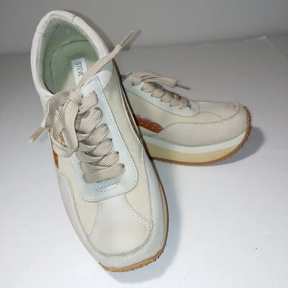 Steve Madden Ralli Platform Sneakers Nubuck Canvas Lace Up Size 7.5 Cream
