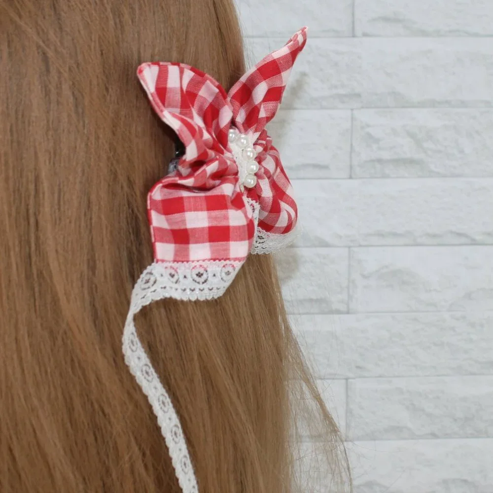 HAND CRAFTED Upcyled Red Gingham Butterfly Hair Bow Oversized Lace Tail White