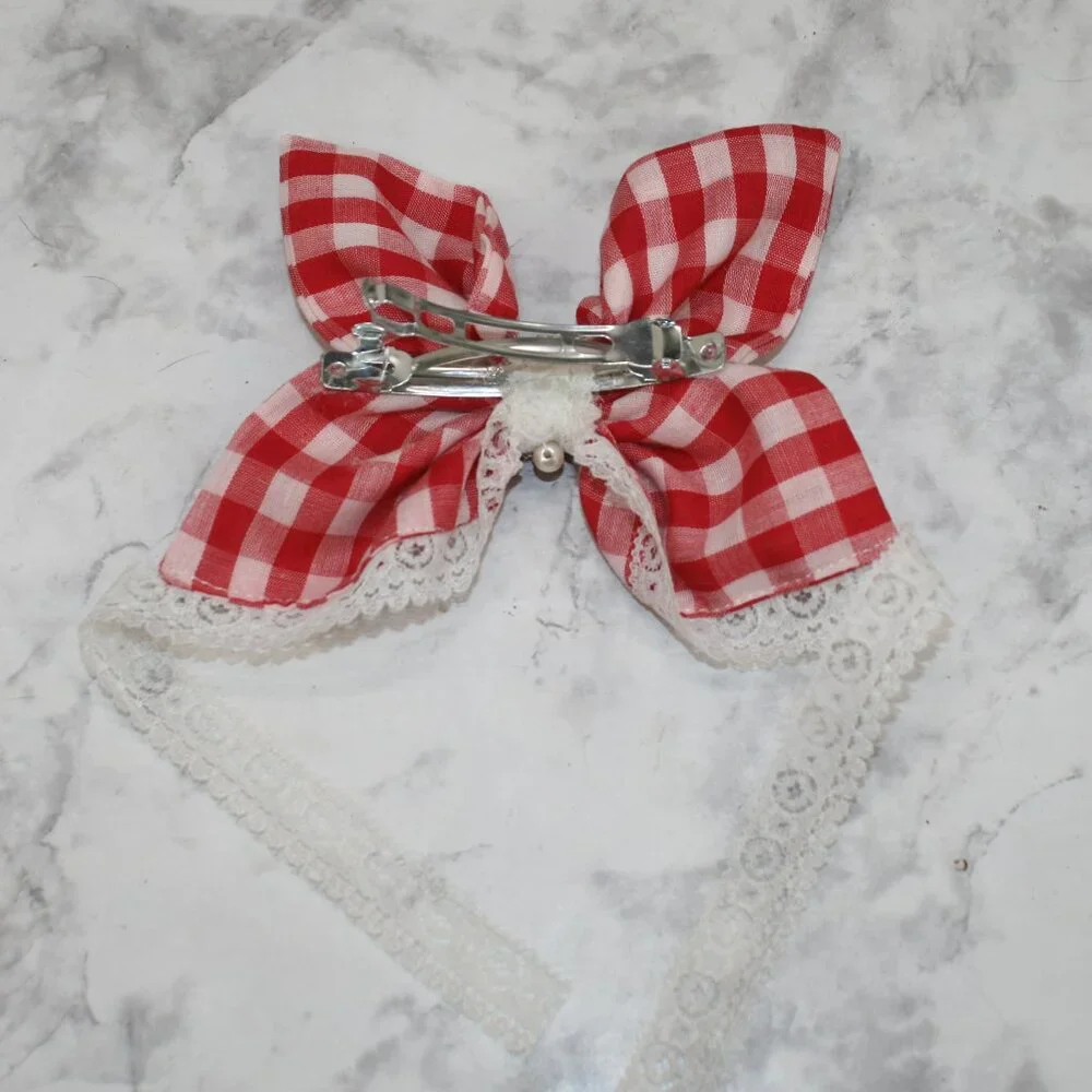 HAND CRAFTED Upcyled Red Gingham Butterfly Hair Bow Oversized Lace Tail White