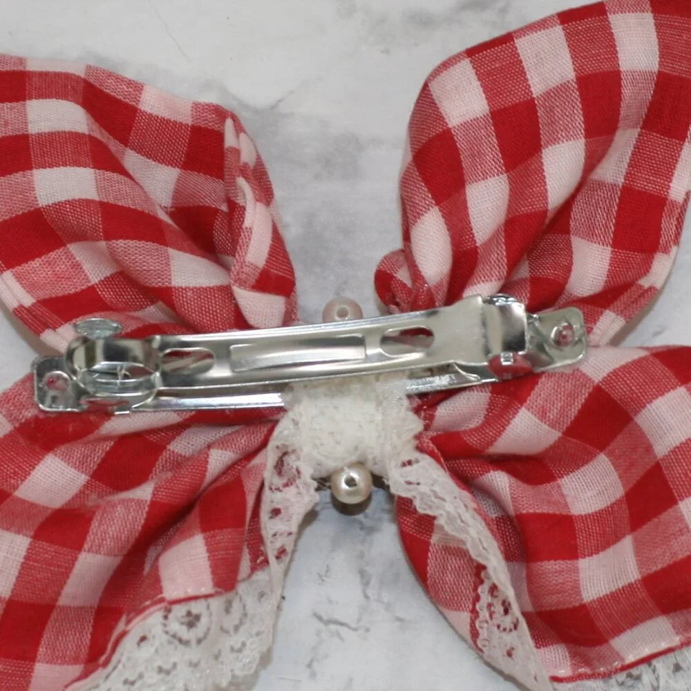 HAND CRAFTED Upcyled Red Gingham Butterfly Hair Bow Oversized Lace Tail White