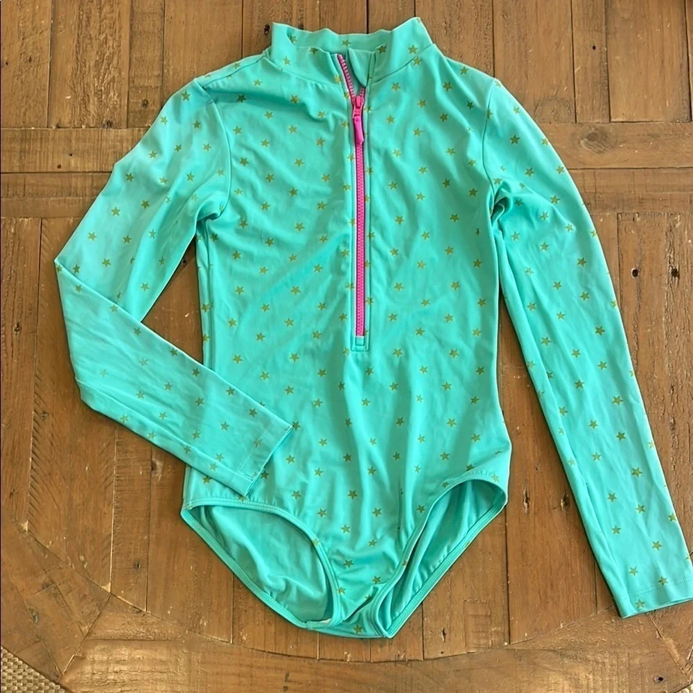 Mini Boden teal gold Star zip front long sleeve one piece rash guard swim suit