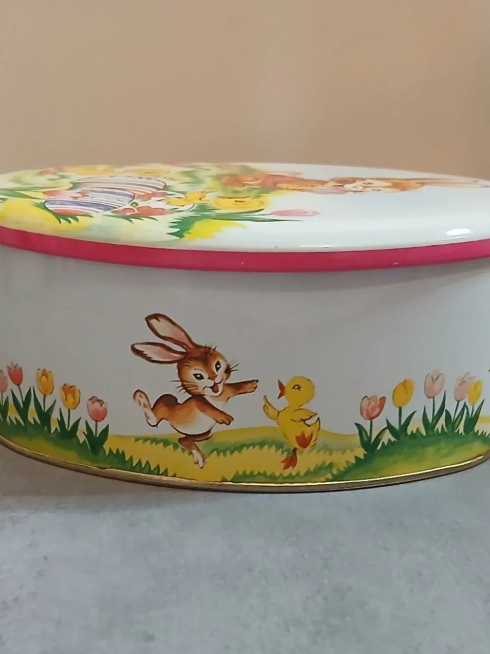 Vintage Colorful Bunny & Chicks Tin Made by DAHER in England