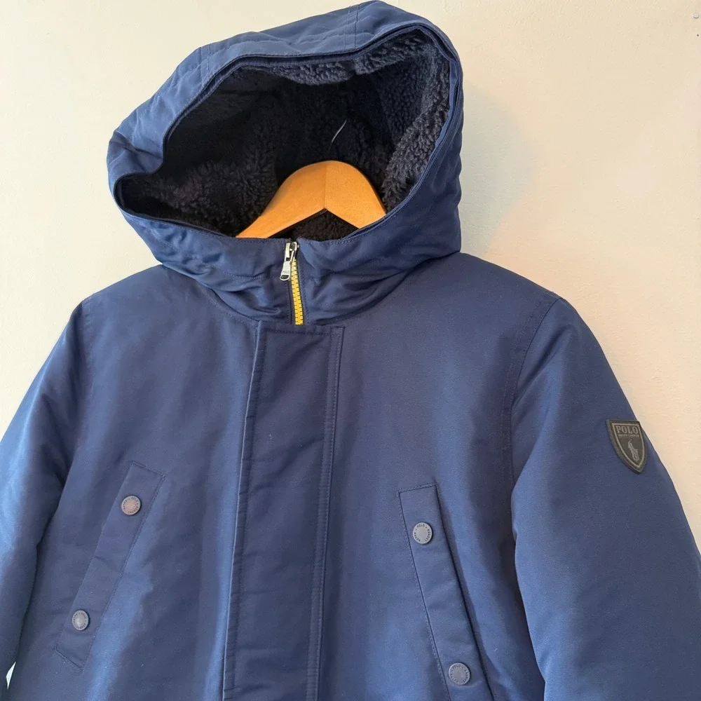 Polo Ralph Lauren Boys Navy Blue Sherpa Lined Hooded Parka Jacket Size M 10-12