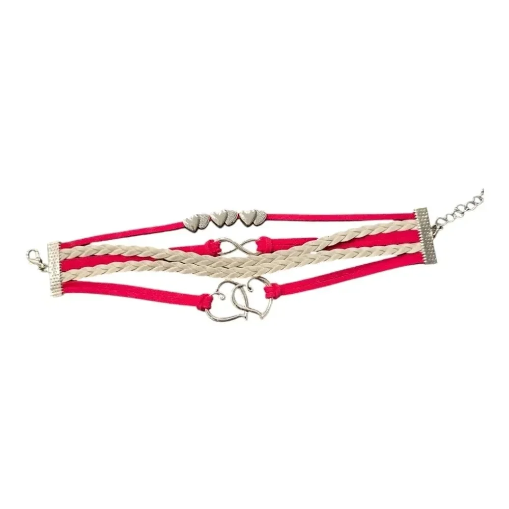 Pink Hearts Infinity Faux Leather Multi-layered Bracelet