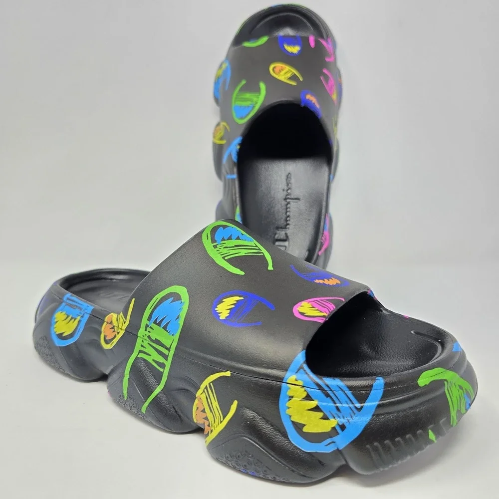 Champion Kids Hyper Slide Black Multicolor Scribble Logo Platform Sandals Size 5
