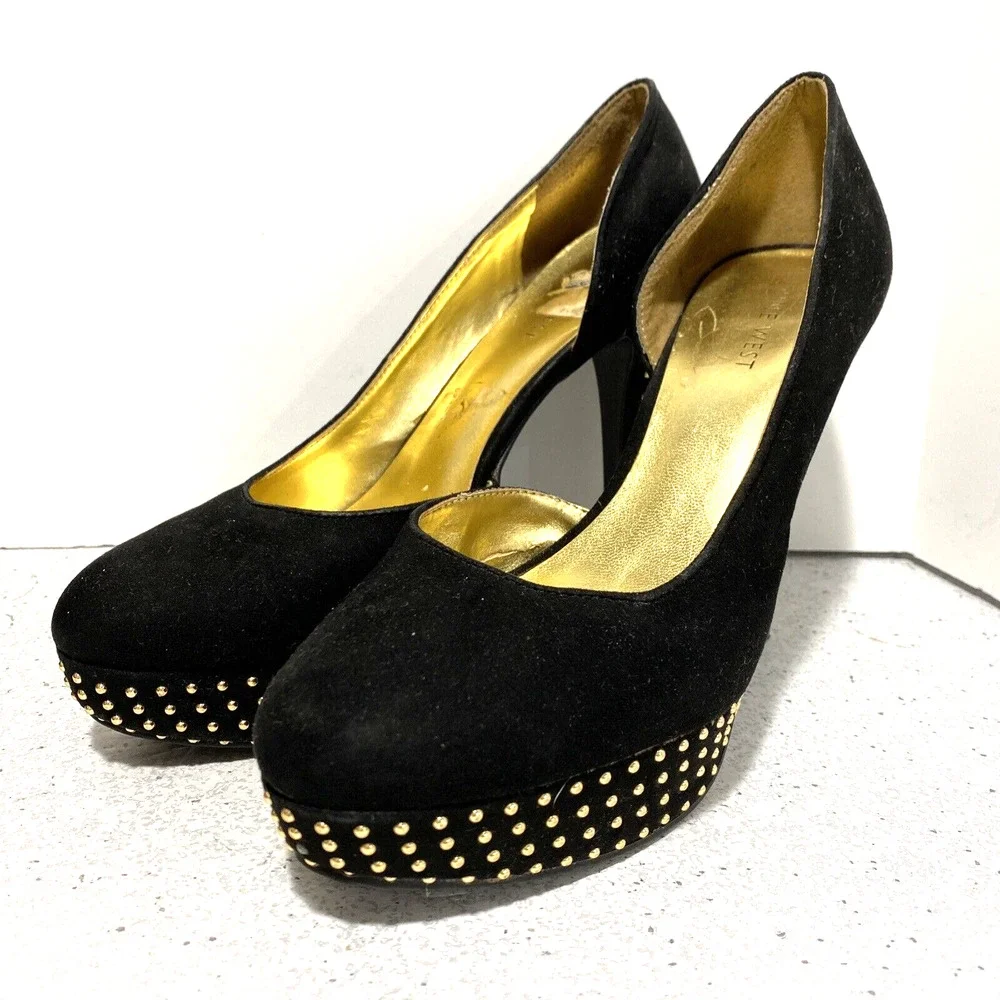 Nine West Gig high heel platform pumps black faux suede & gold studs US size 8M