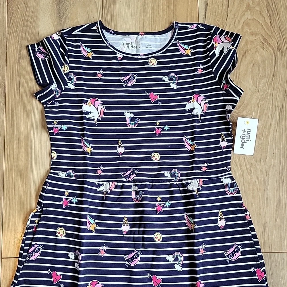 NWT rumi + ryder Girls Skater Dress w/pockets Blue w/white stripes