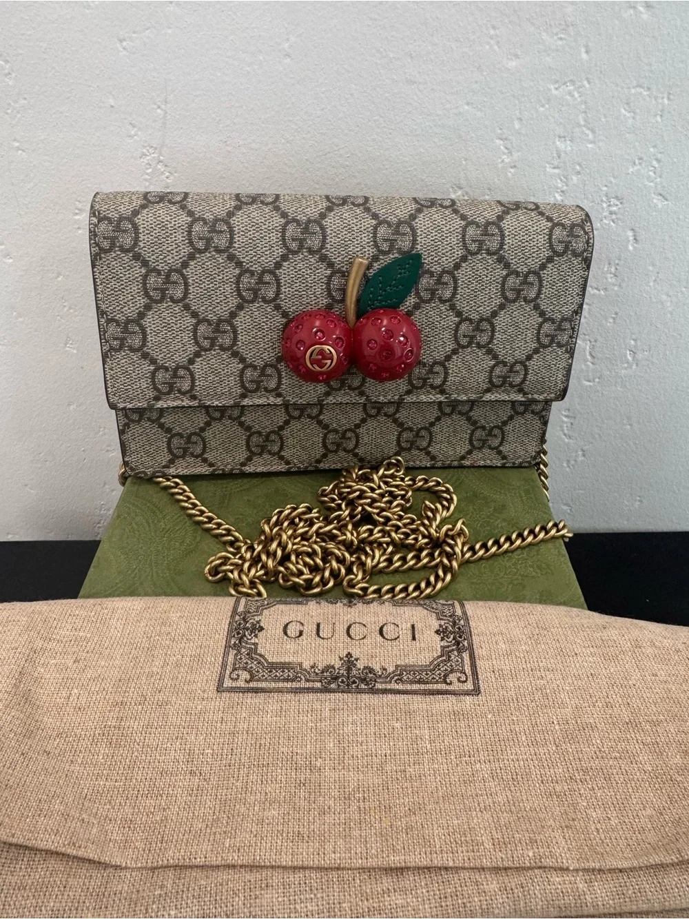 Gucci GG Supreme Cherry Crossbody Bag with box and dusty