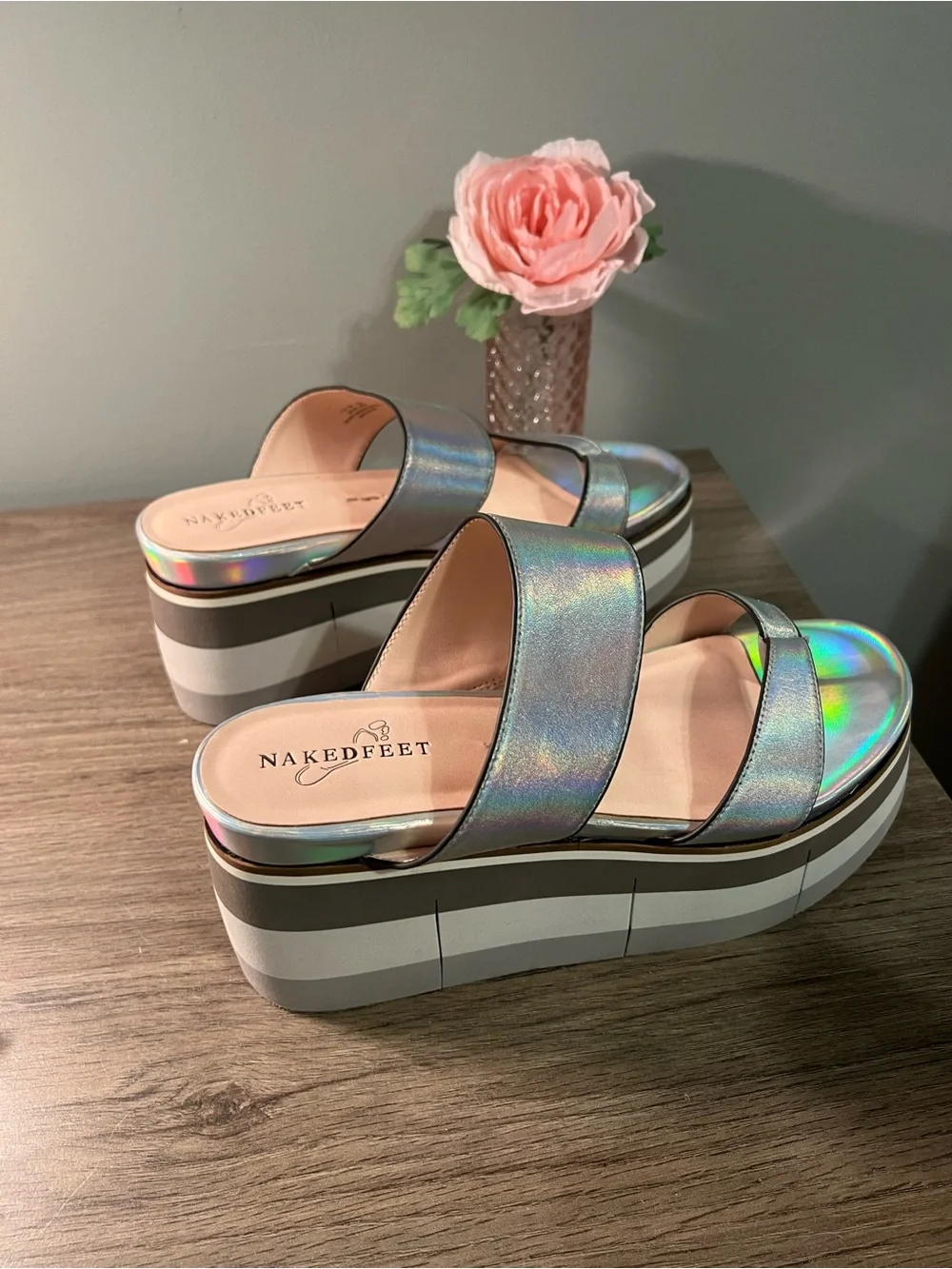 Naked Feet Iridescent Holographic Platform Slide Sandals - Silver