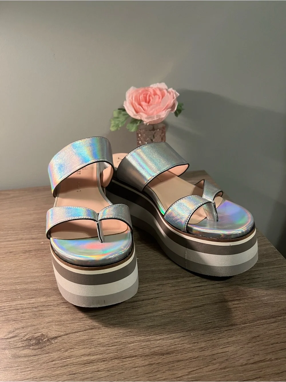 Naked Feet Iridescent Holographic Platform Slide Sandals - Silver