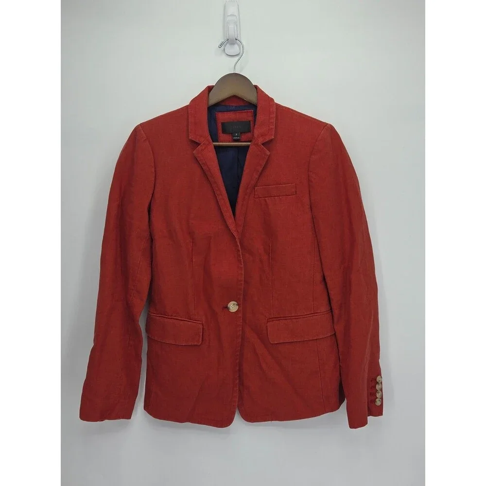 J. Crew Womens Regent Blazer Jacket One Button Rust Red Orange Linen Size 2