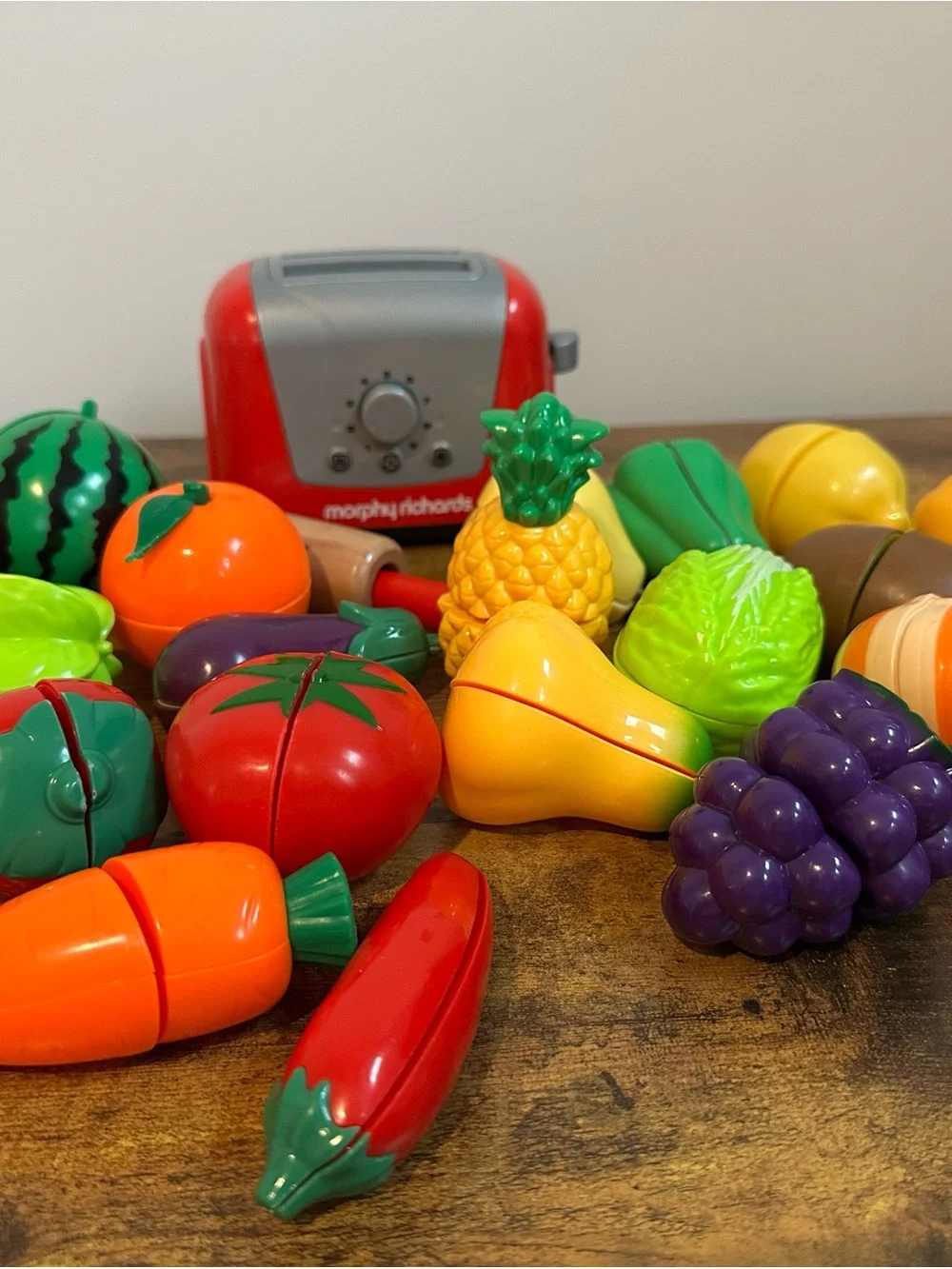 Kids Play Food Fruit & Veg Cutting Set with Red Toaster -