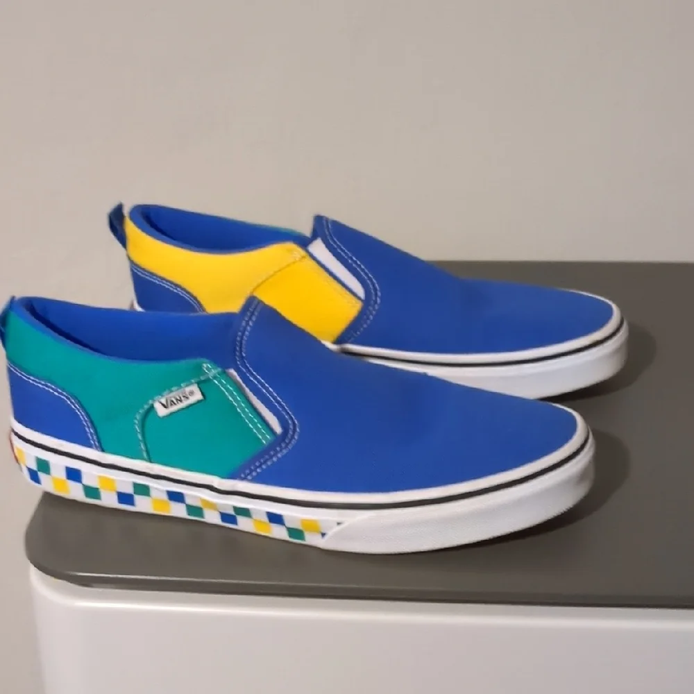 Vans Kids Slip-On Sneakers Blue Green Yellow Size 7 Skate Shoes