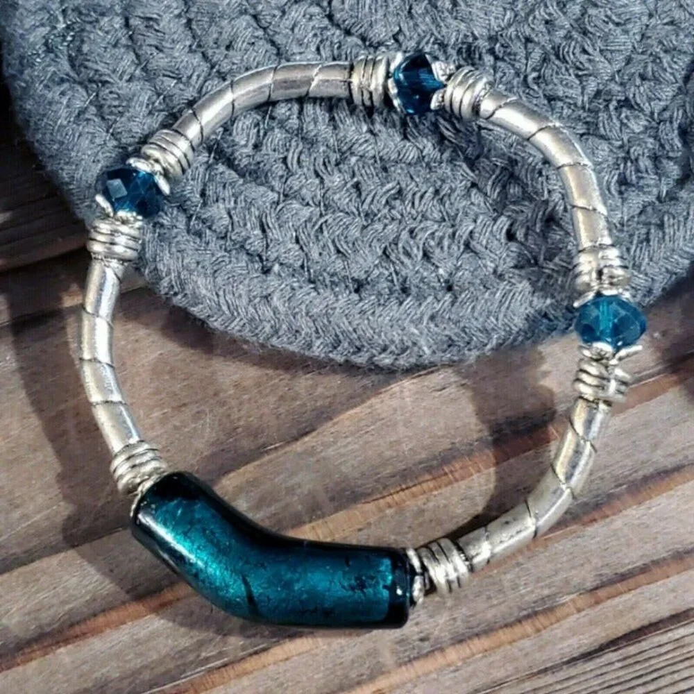 Handcrafted Edgy Silver Teal Green Foil Glass Metal and Crystal Stretch Bracelet