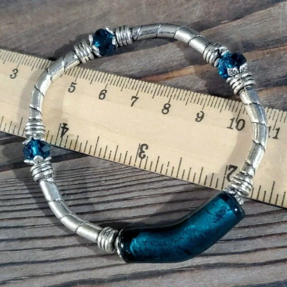 Handcrafted Edgy Silver Teal Green Foil Glass Metal and Crystal Stretch Bracelet