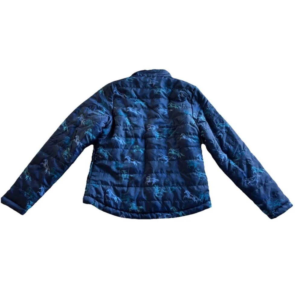 Kerrits Jacket Youth Large Blue Horse Print Puffer Equestrian Reversible