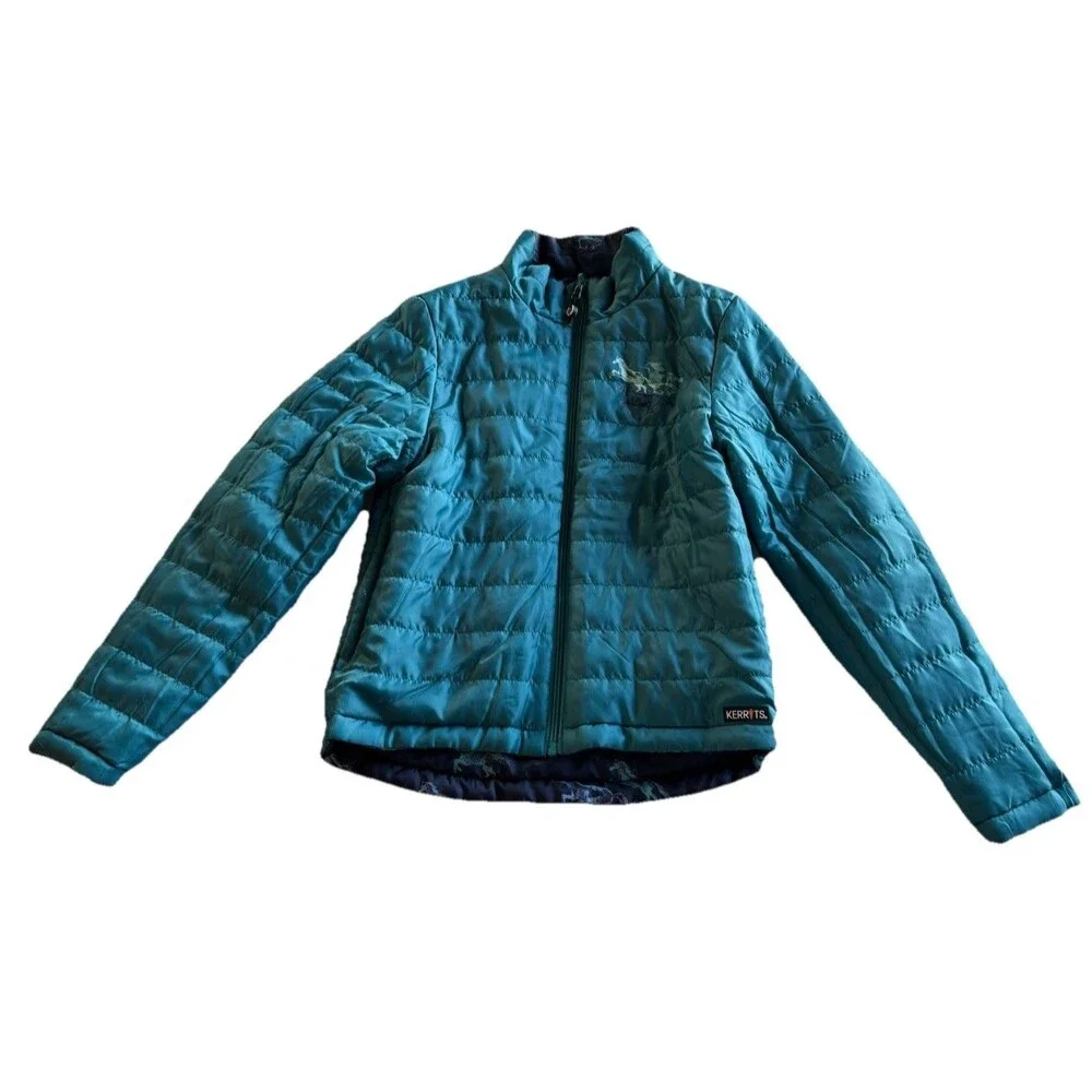 Kerrits Jacket Youth Large Blue Horse Print Puffer Equestrian Reversible