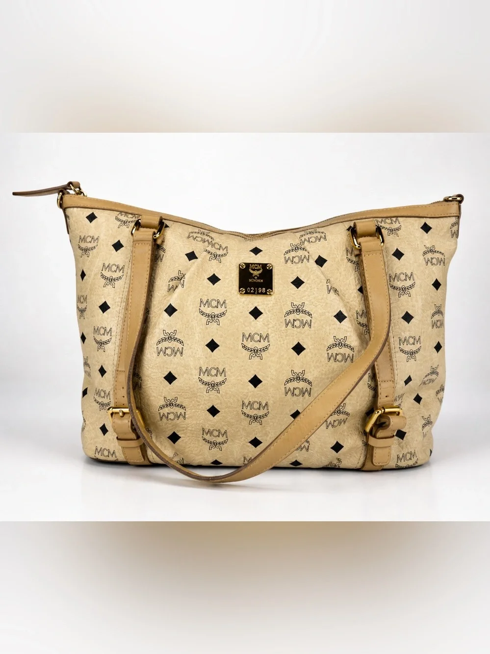 MCM Visetos Ivory Medium Shoulder‎ Bag Logo Print Leather Trim Zip Top Designer