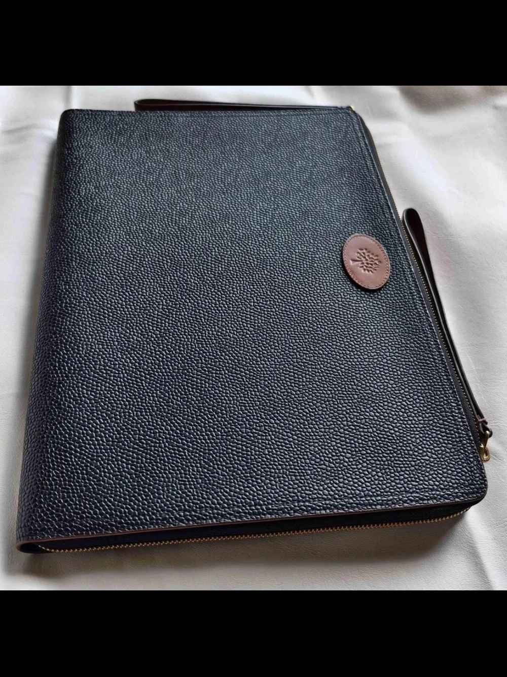 Mulberry Black Pebbled Leather Laptop Folio with Tan Trim