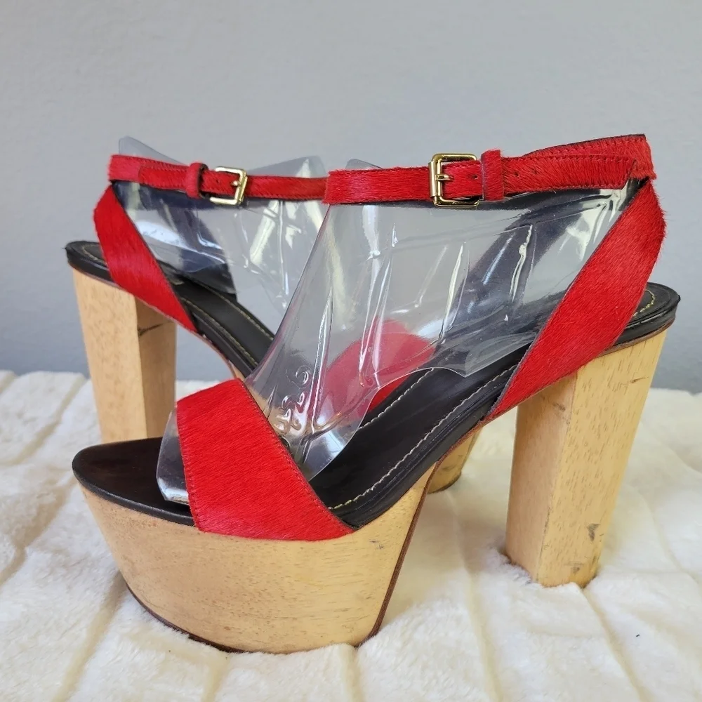 REPORT SIGNATURE // red calf hair upper wooden platform ankle strap block heels
