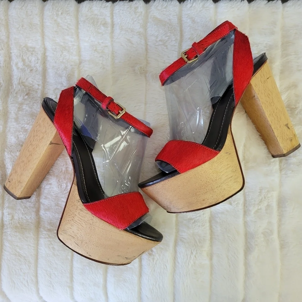 REPORT SIGNATURE // red calf hair upper wooden platform ankle strap block heels