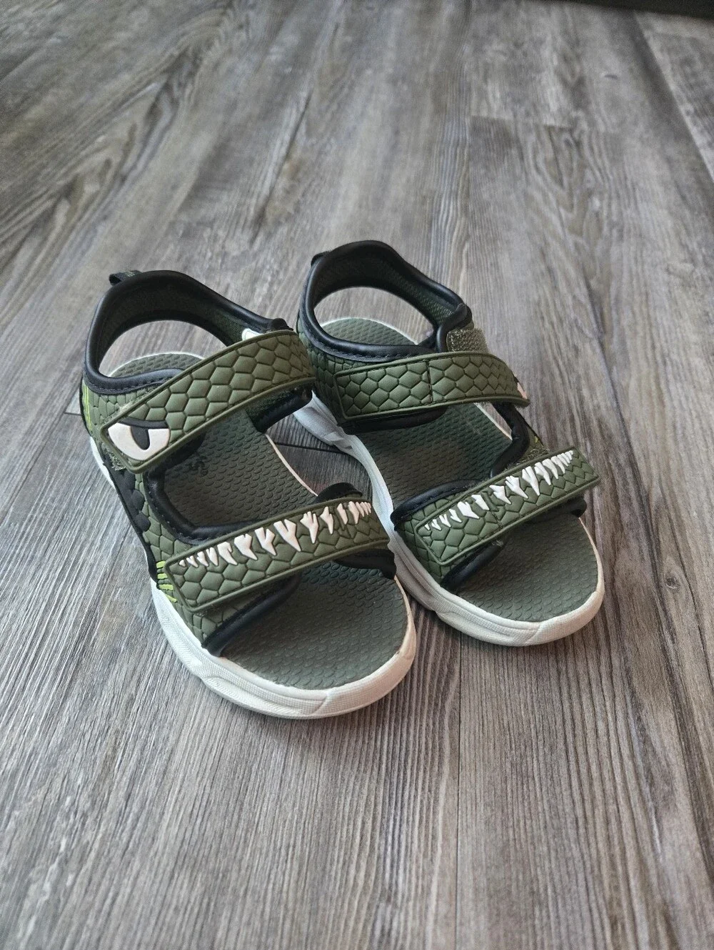 Boys Olive Green Open-Toe Sandals with Shark Tooth Accent