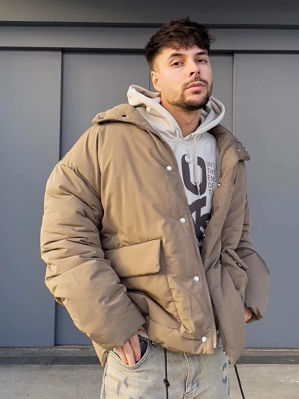 Fashion Nova Men's Taupe Puffer Jacket - Warm Neutral Outerwear