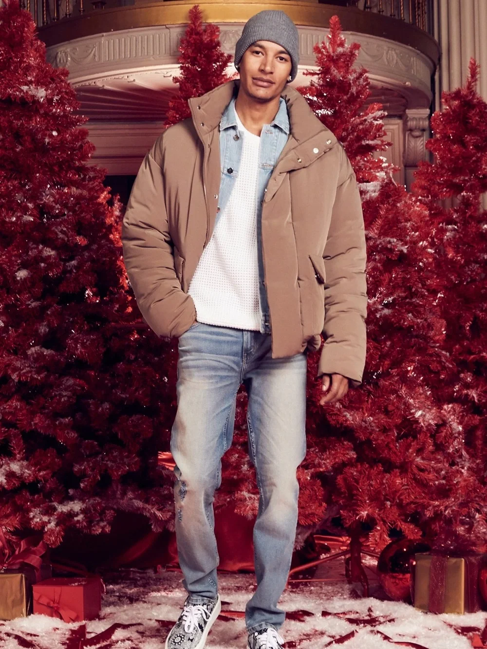 Fashion Nova Men's Taupe Puffer Jacket - Warm Neutral Outerwear