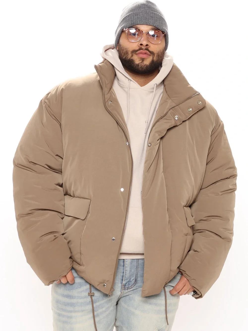 Fashion Nova Men's Taupe Puffer Jacket - Warm Neutral Outerwear