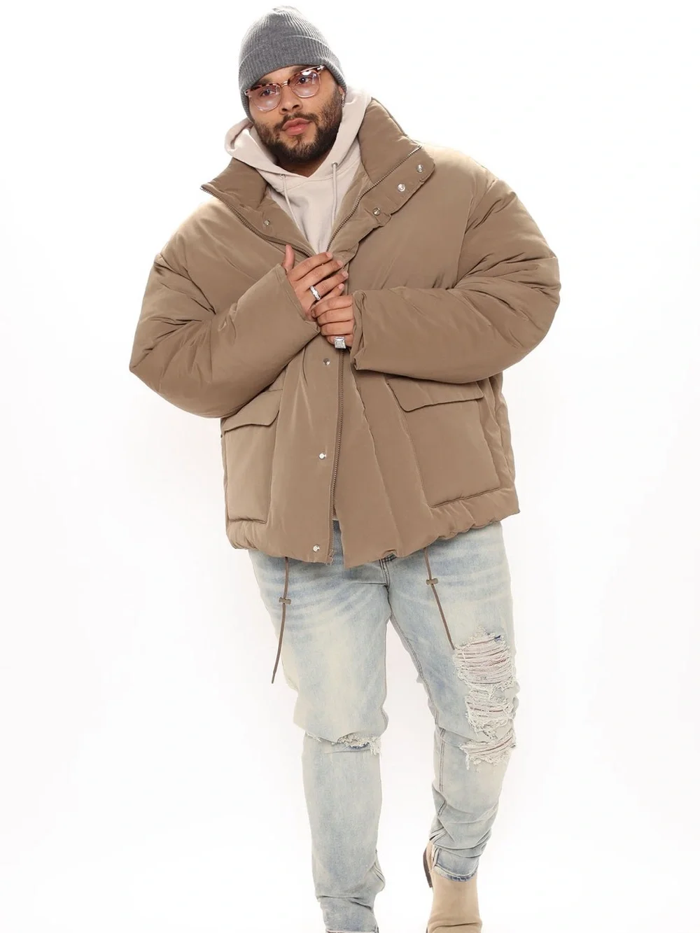 Fashion Nova Men's Taupe Puffer Jacket - Warm Neutral Outerwear