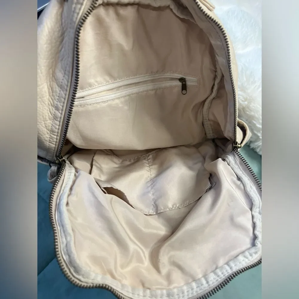 Cream Faux Leather Mini Backpack Pom Pom Charm Boho Casual Daypack Beige