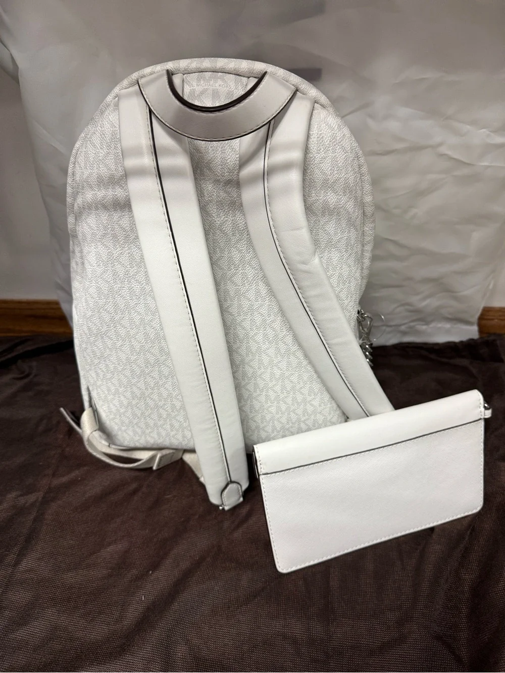 NWT- Michael Kors White Logo-Print Backpack with Matching White Wallet