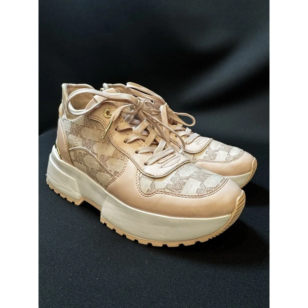 Michael Kors Muse Trainer Women's Low Top Lace Up Logo Sneakers Pink Gold Trim