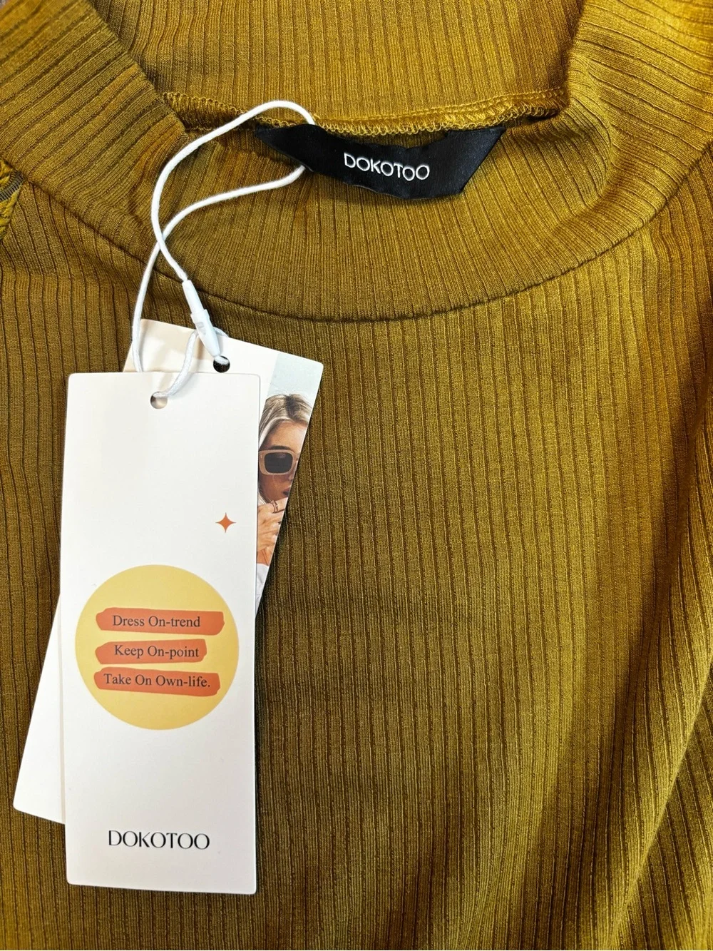 Dokotoo Ribbed Sheer L/S Top ribbed mock-neck spicy golden mustard color Size M
