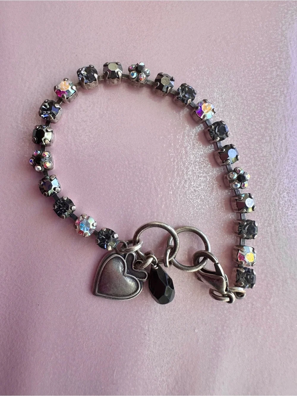 Mariana Silver,Black, Gray, ab, flower Swarovski Crystal Heart Charm Bracelet