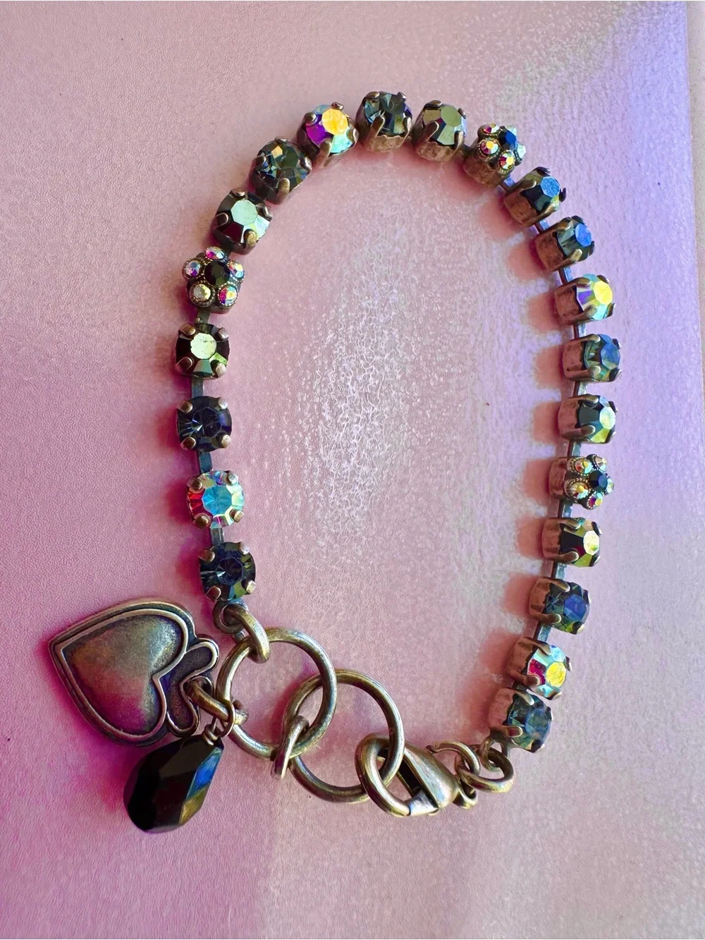 Mariana Silver,Black, Gray, ab, flower Swarovski Crystal Heart Charm Bracelet