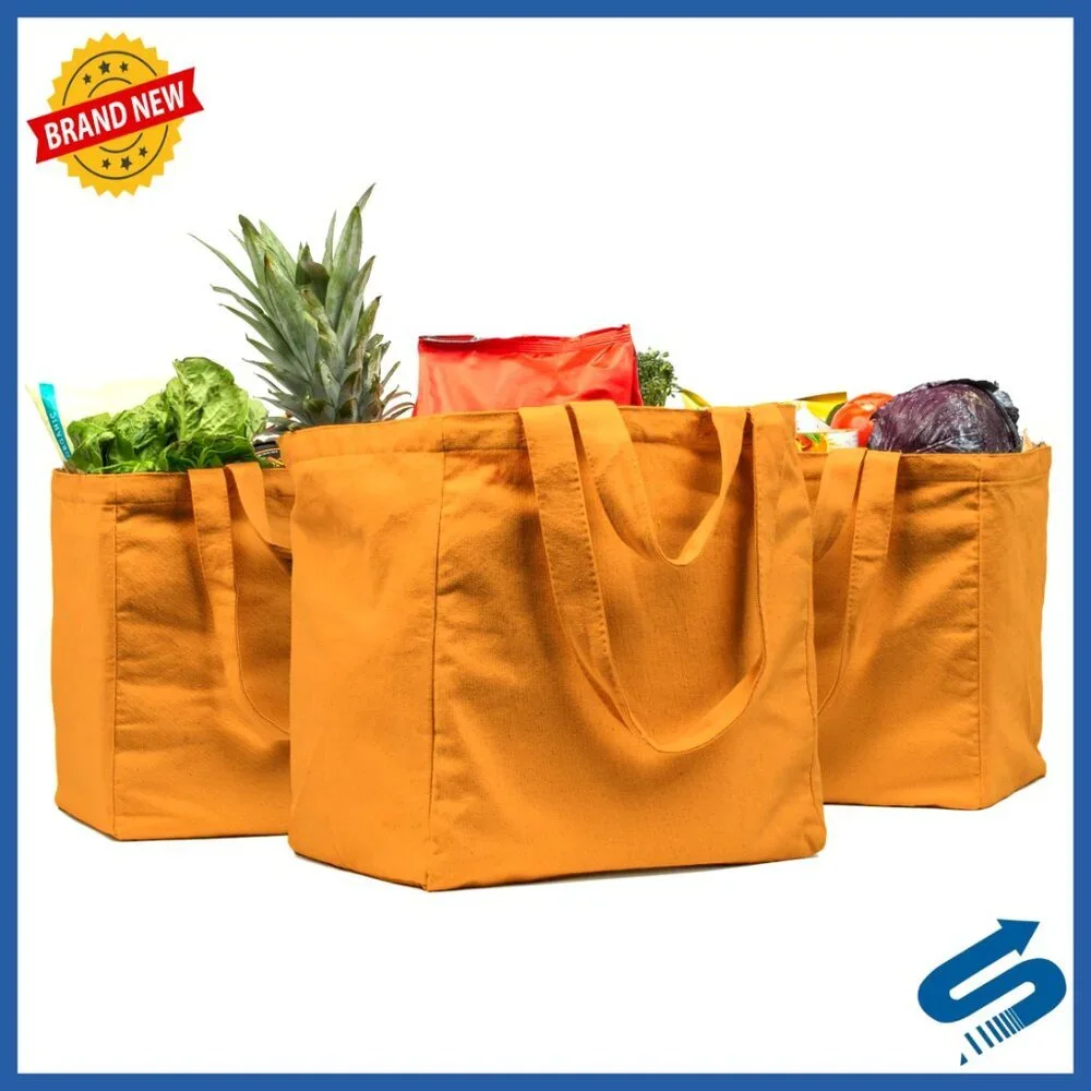 Heavy Duty Canvas Grocery Tote Set Foldable Washable with Pockets