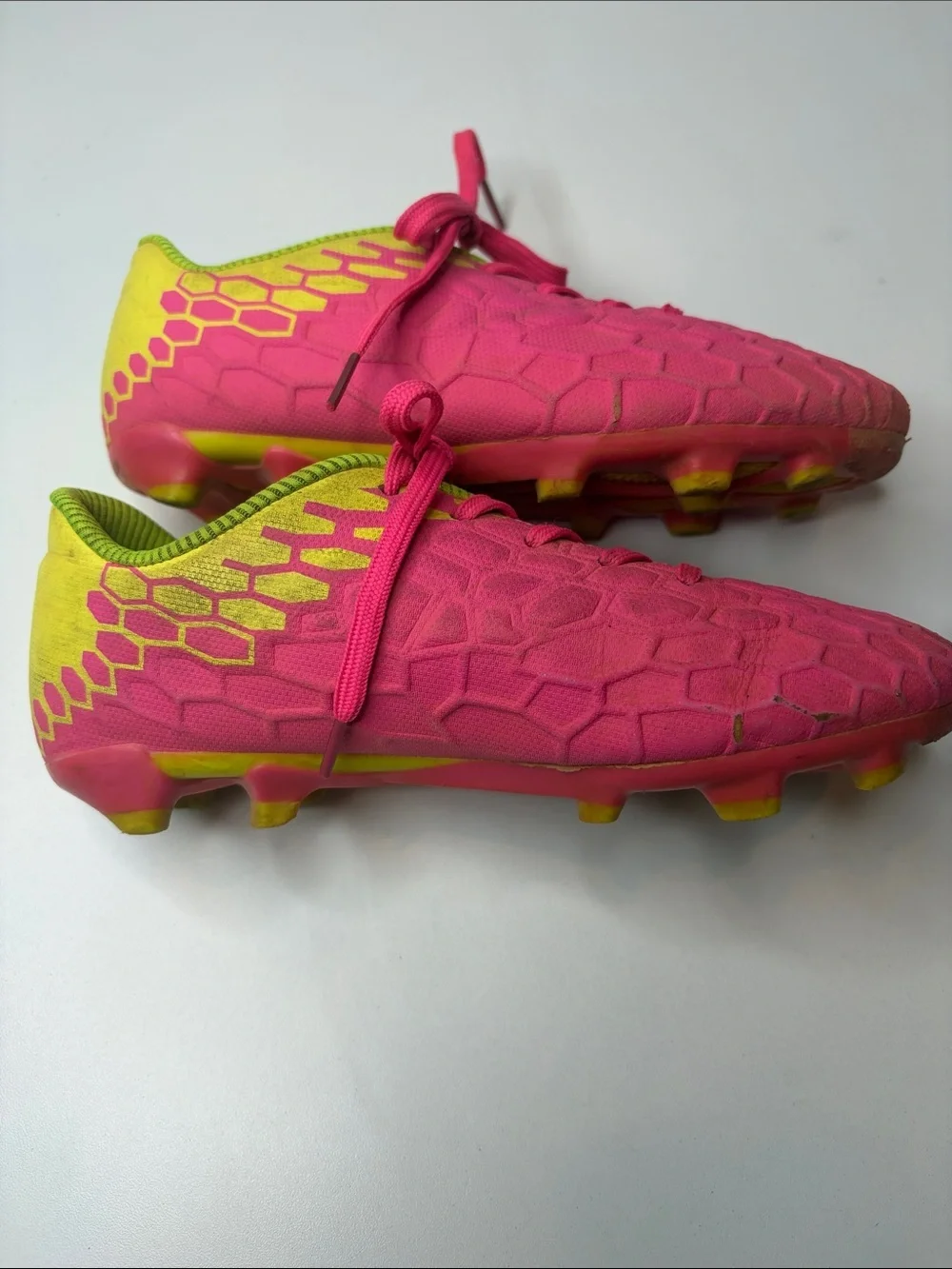 Bright Pink Athletic Cleats Shoes with Neon Yellow Back & Interior Kids size 2