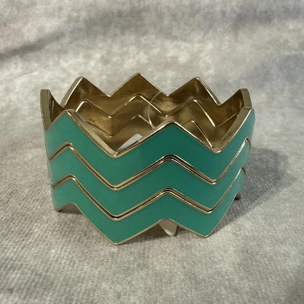 Zigzag Bangle Bracelets Set Of 3 Green Goldtone