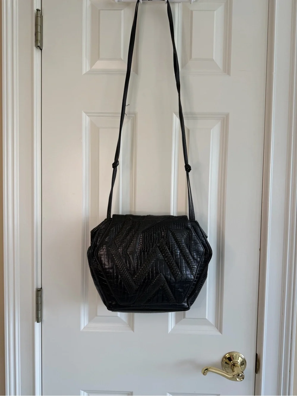 Vintage 1980s Sharif Black Snakeskin and Leather Patchwork Shoulder Handbag