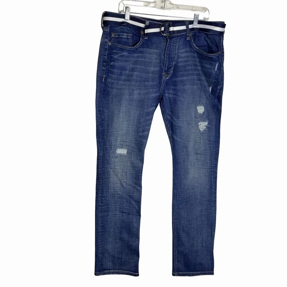 Seven 7 Jeans Mens 36 x 32 Blue Denim Slim Straight Leg Dark Wash Retro Belt
