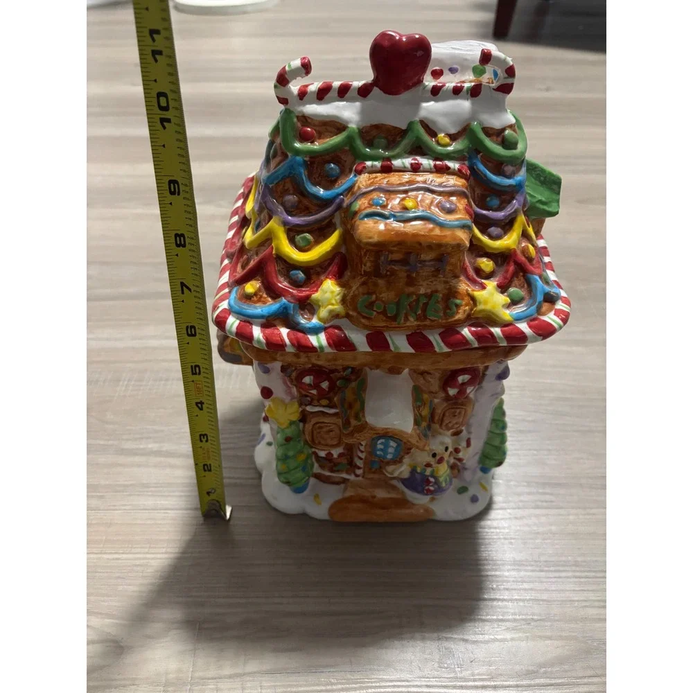 Vintage Christmas Gingerbread House Ceramic Cookie Jar Holiday Decor Multicolor