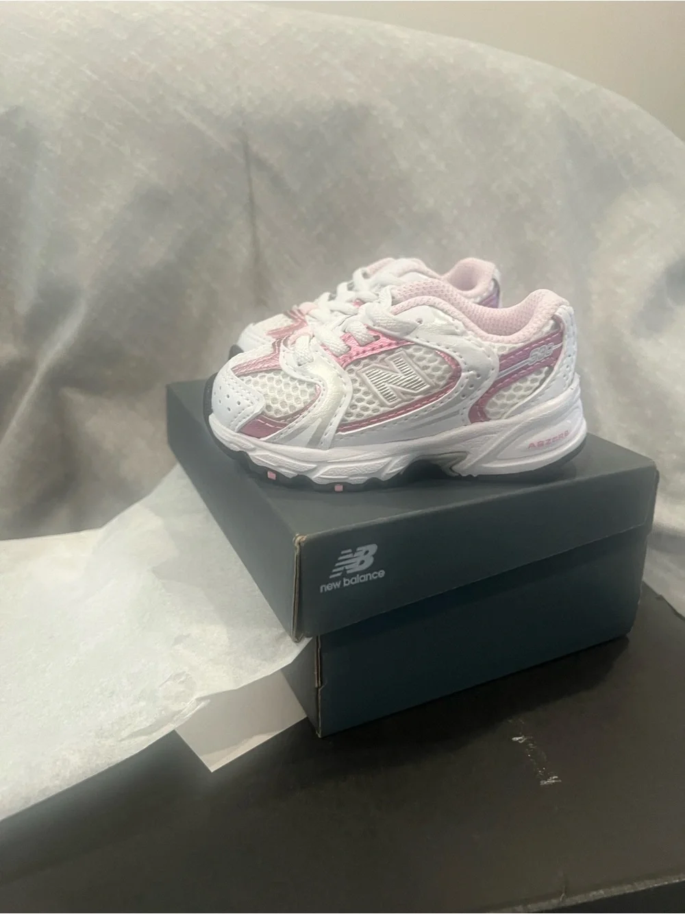 New Balance White and Light Pink Kids' Mesh Sneakers