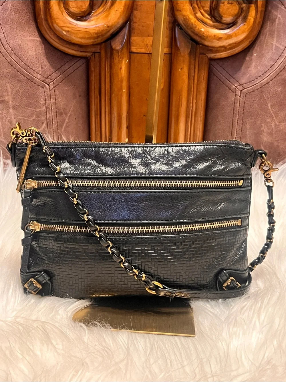 Elliott Lucca  Messina 3-Zip Leather Black Leather  with Gold-Tone crossbody bag