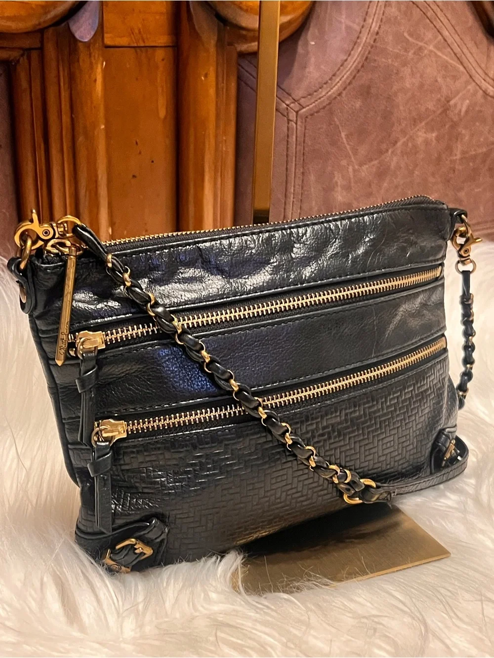 Elliott Lucca  Messina 3-Zip Leather Black Leather  with Gold-Tone crossbody bag