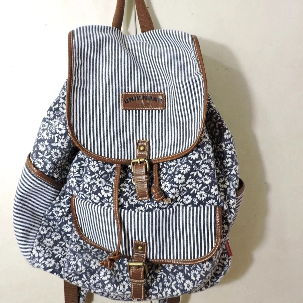 UNIONBAY Navy Floral & White Striped Canvas Backpack with Brown Trim